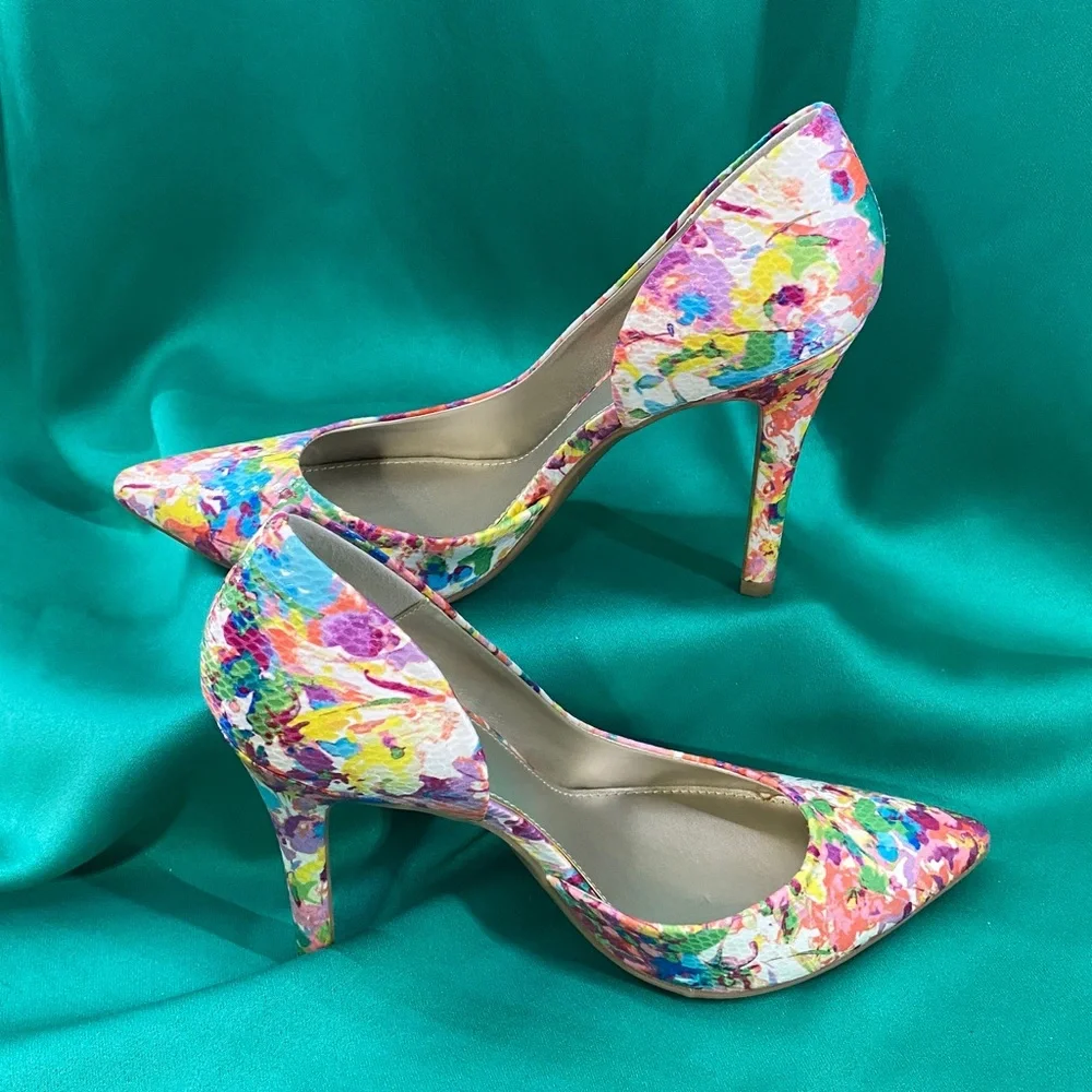a.n.a Multi-color Floral w/Snakeskin Texture Pointed-Toe 4” Heels—Size 9M